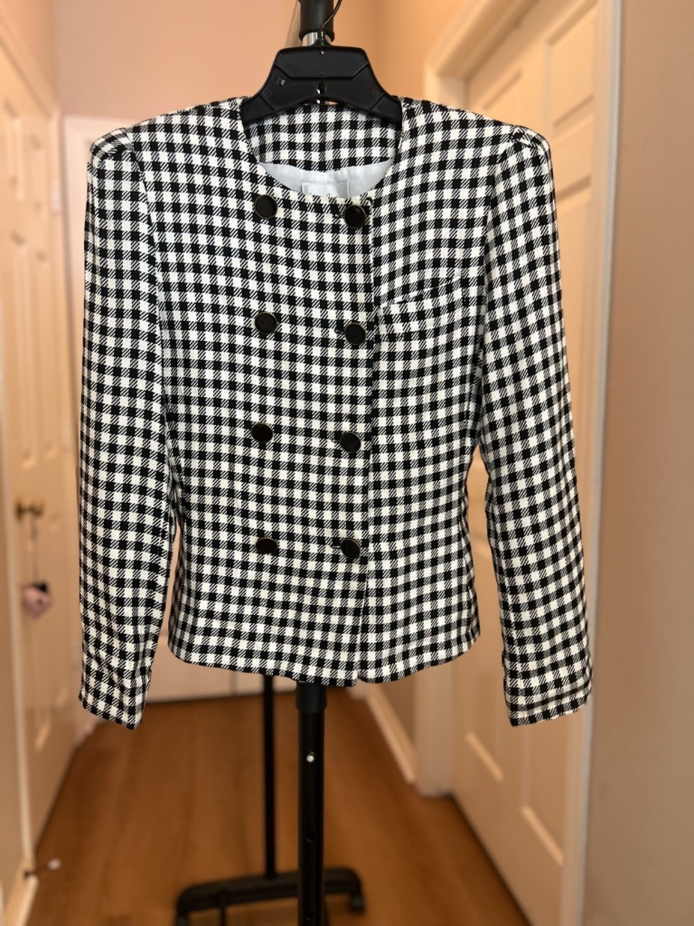 Classic Black & White Houndstooth Double-Breasted Jacket